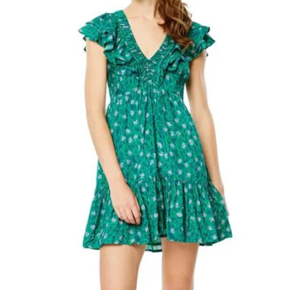 Green Floral V-Neck Ruffle Mini Dress